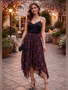 Ulla Johnson Mae High-Low Silk Skirt Size 2 Black Red Floral Ruffle Hem Luxury